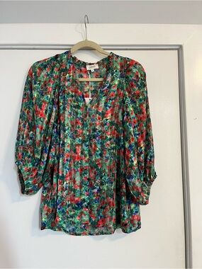 Grace & Mila V Neck Floral Blouse puff sleeve Plisse green red small